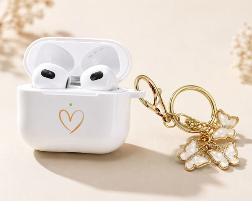 AIIEKZ Compatible con funda AirPods 3 2021 de silicona suave con patrón de corazón dorado para funda AirPods de 3.ª generación con bonito llavero de mariposa para niñas y mujeres (blanco)