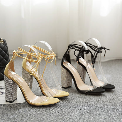 Sandalias gruesas, Tacones transparentes, Zapatos de tacón con pedrería