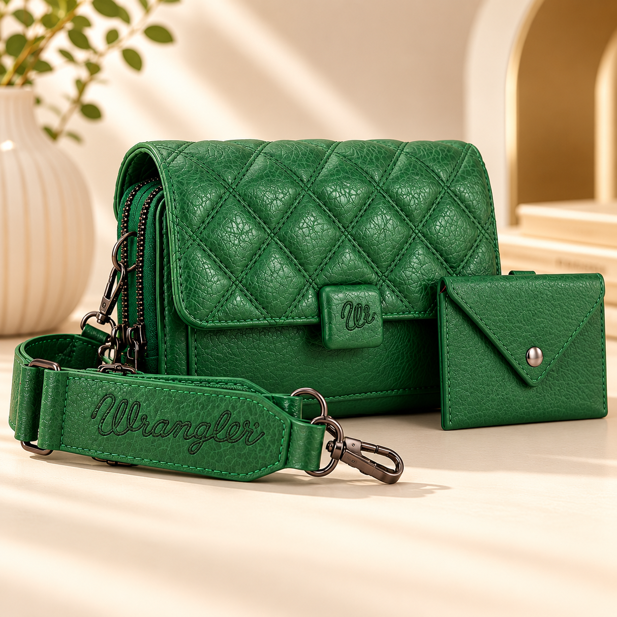 Bolso bandolera Wrangler para mujer, acolchado, cartera para mujer, bolso bandolera pequeño para mujer, de cuero suave verde, bolso bandolera con correa