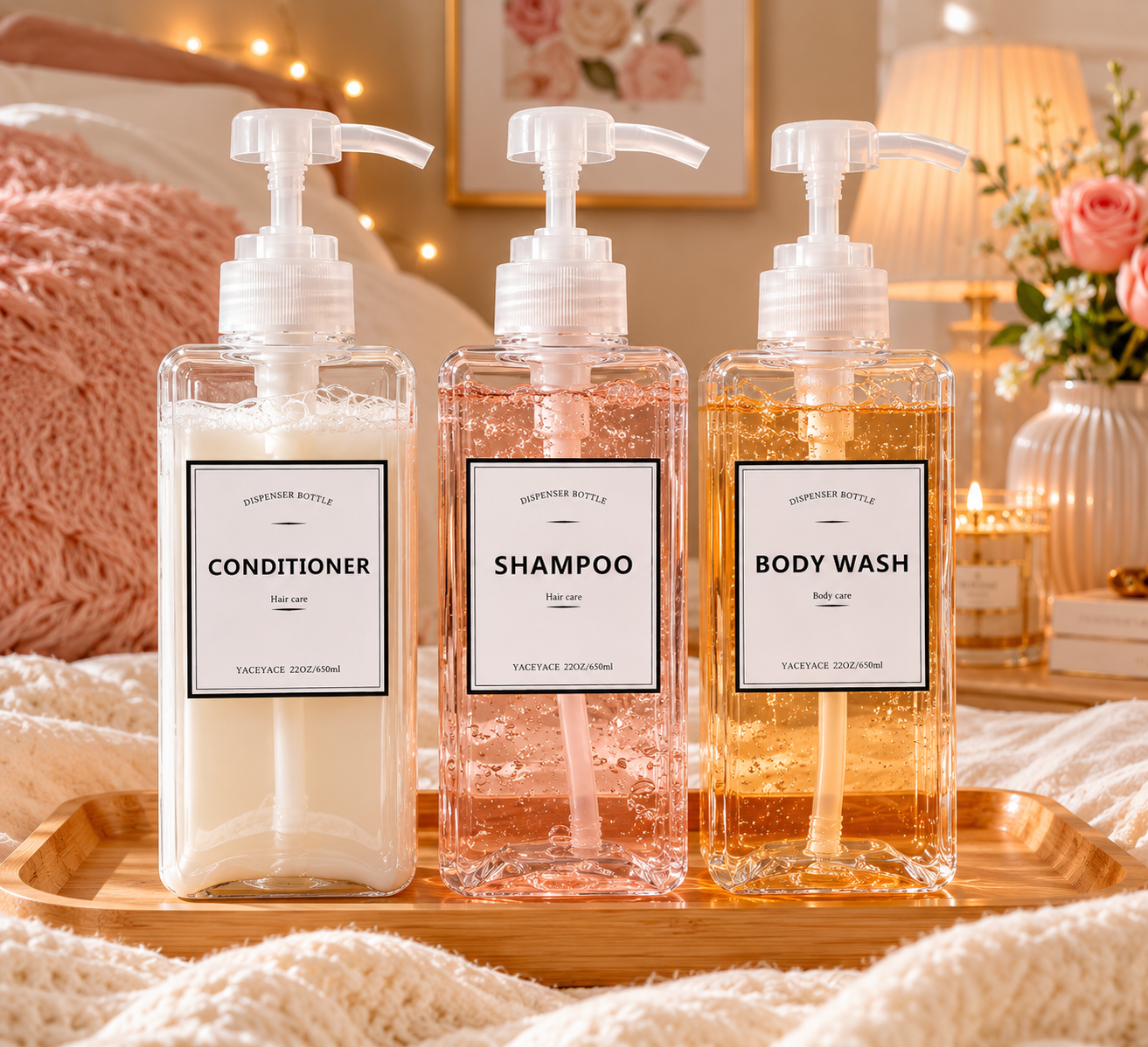 YACEYACE Dispensador de champú, bomba recargable, 650 ml, juego de 3 botellas transparentes para champú, dispensador de champú y acondicionador, botellas recargables para ducha con etiqueta