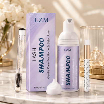 LZM Lash Shampoo Limpiador de pestañas - Kit de limpieza para pestañas en grupo/Extensiones de pestañas Baño de pestañas Limpiador de pestañas Espuma Jabón de pestañas Cuidado de pestañas Sin aceite 60ml (KIT DE CHAMPÚ 3 EN 1)