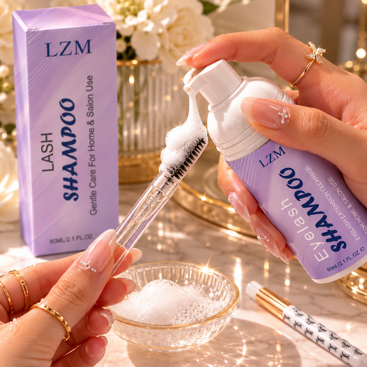 LZM Lash Shampoo Limpiador de pestañas - Kit de limpieza para pestañas en grupo/Extensiones de pestañas Baño de pestañas Limpiador de pestañas Espuma Jabón de pestañas Cuidado de pestañas Sin aceite 60ml (KIT DE CHAMPÚ 3 EN 1)