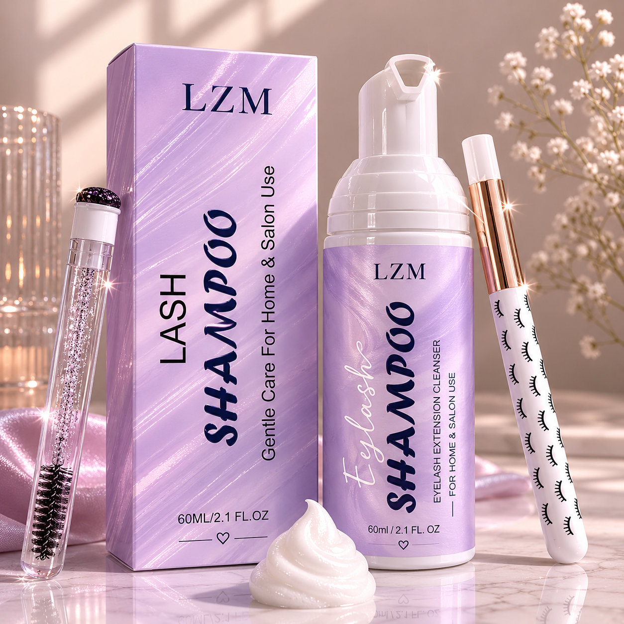 LZM Lash Shampoo Limpiador de pestañas - Kit de limpieza para pestañas en grupo/Extensiones de pestañas Baño de pestañas Limpiador de pestañas Espuma Jabón de pestañas Cuidado de pestañas Sin aceite 60ml (KIT DE CHAMPÚ 3 EN 1)