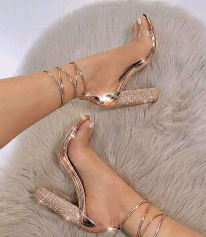 Sandalias gruesas, Tacones transparentes, Zapatos de tacón con pedrería